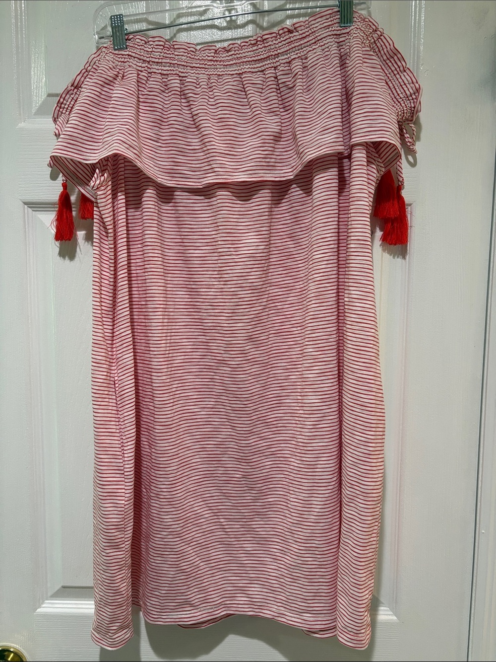 New York & Company Pink and White Striped Off-Shoulder Dress with Red Tassels